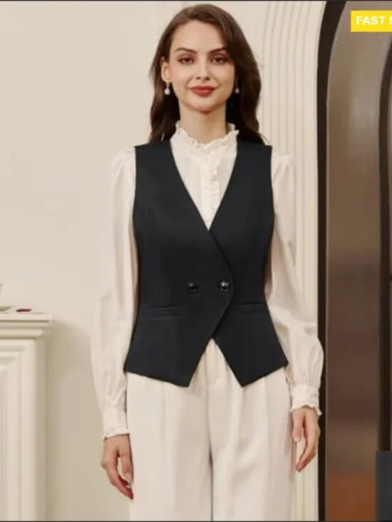 Sleeveless V-Neck Waistcoat Vest Lightweight Business Casual Adjustable Back - Picture 2 of 7